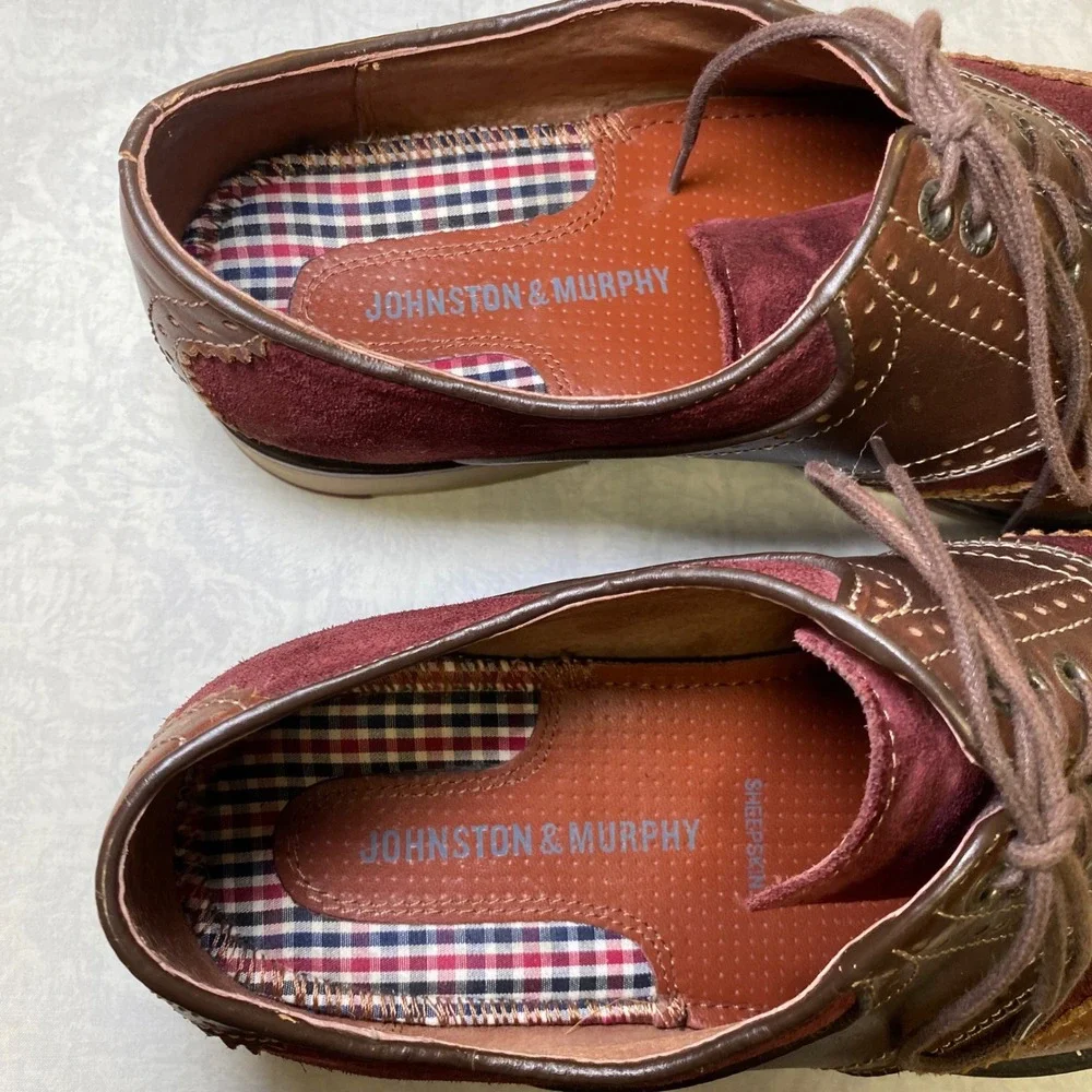 Johnston & Murphy Mens 8.5M Wingtip Oxford Shoes Brown Burgundy‎ Sheepskin